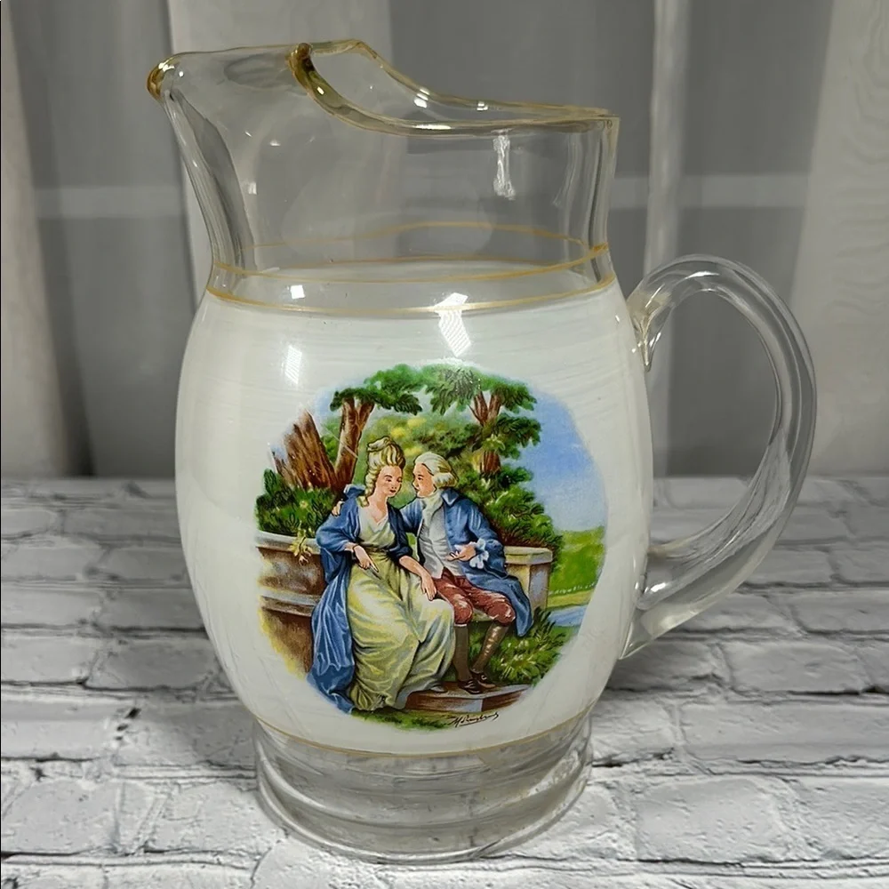 Vintage Glass Pitcher with Romantic Courting Scene George and Martha Victorian